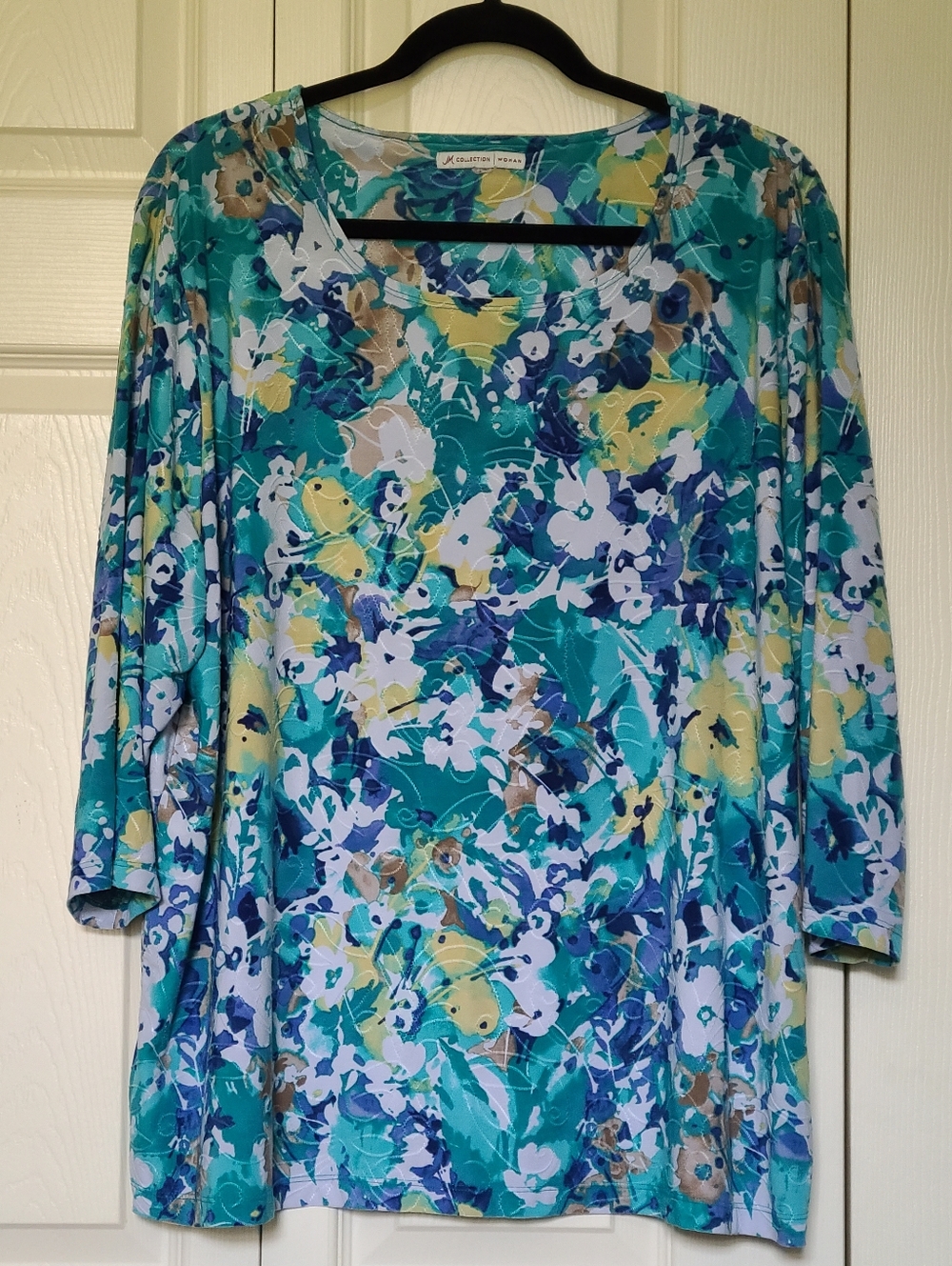 JM Collection Abstract Watercolor Floral 3/4 Sleeve Silky Knit Top Teal Blue Tan